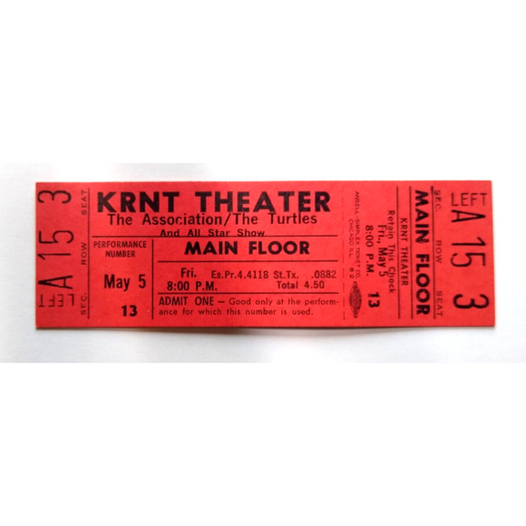 The Turtles Association Original UNUSED Concert Ticket 1967 KRNT Theater Iowa - Picture 1 of 2